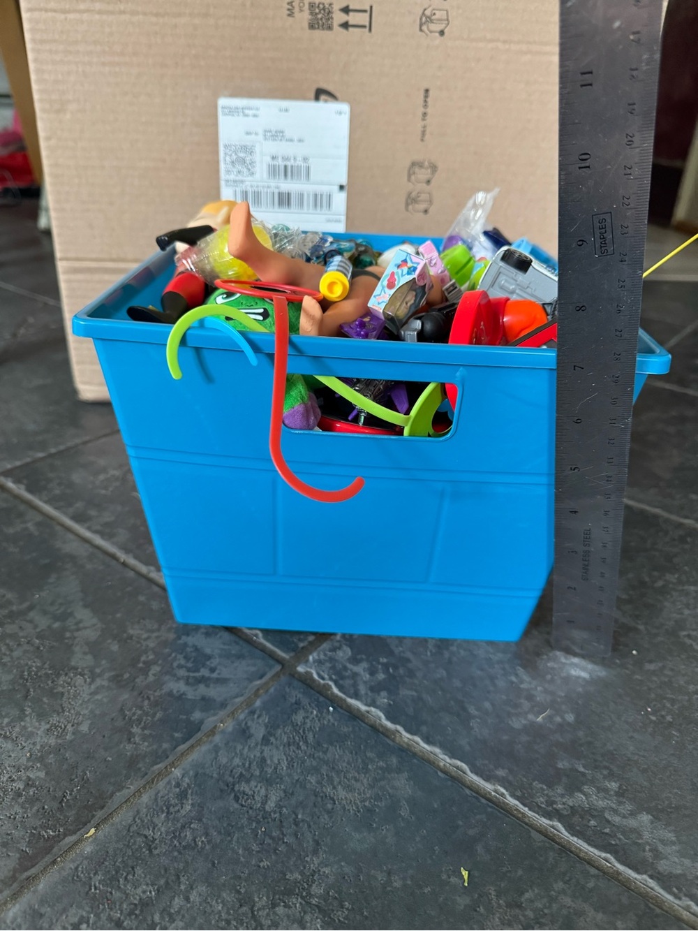 Blue Kids Toy Storage Bin with Assorted Small Toys